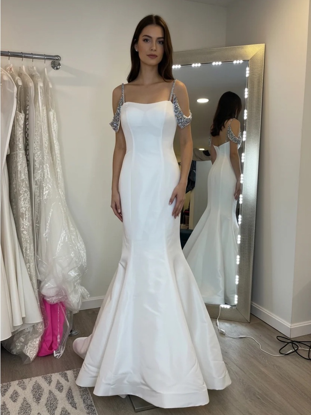 Sherri Hill Ivory Mermaid Gown with Crystal Draped Straps